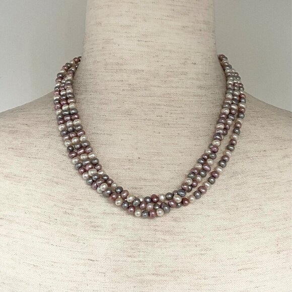 Sterling Silver Triple Strand Pastel Multicolor Freshwater Pearl Necklace 18" - Picture 1 of 15
